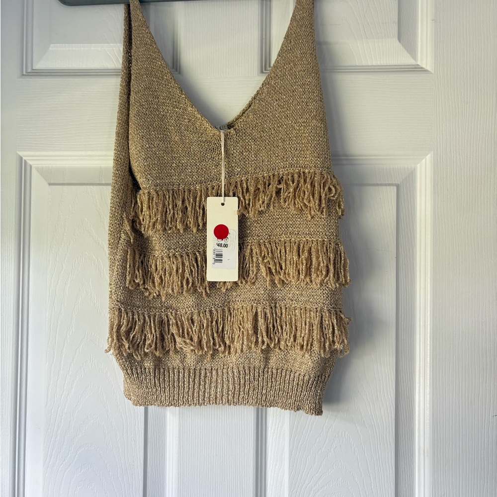 Elegant Tan Fringe Knit Tank Top